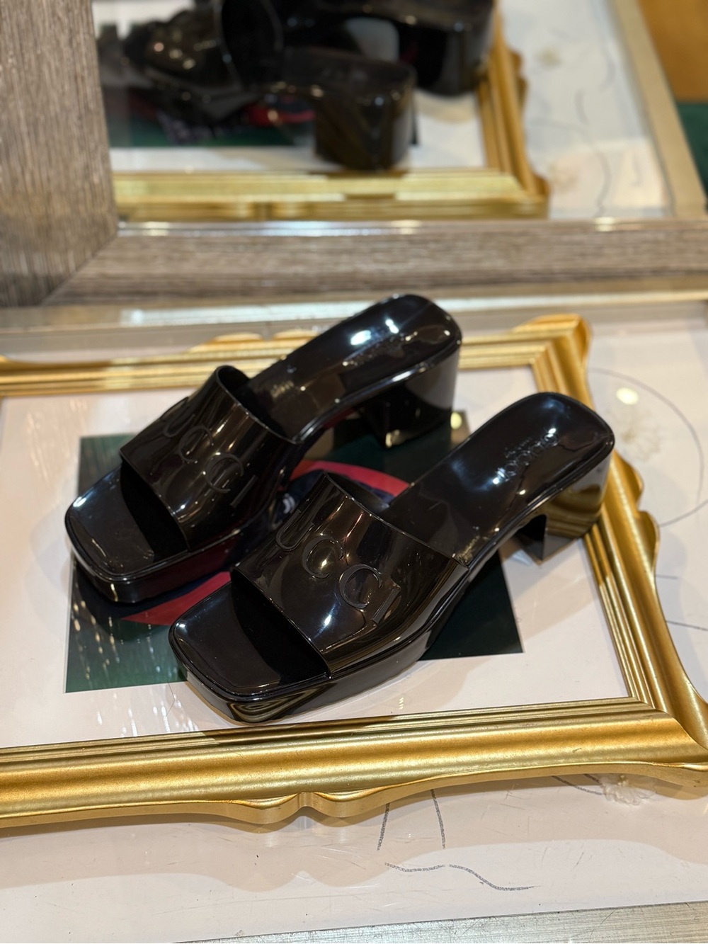 Gucci Black Patent Square-Toe Slide Mules - Picture 6 of 11